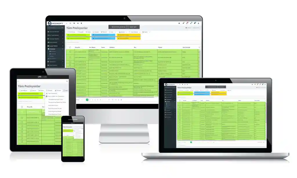 Lojistik yönetim yazılımı mobil uygulama, tablet ve bilgisayar ekranı